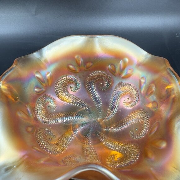 Dugan Glass Iridescent Marigold Bonbon Compote Dish Footed Bowl Glass Vintage - Picture 6 of 16